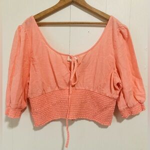 American Eagle Linen Cotton Puff Sleeve Smocked Crop Top XL